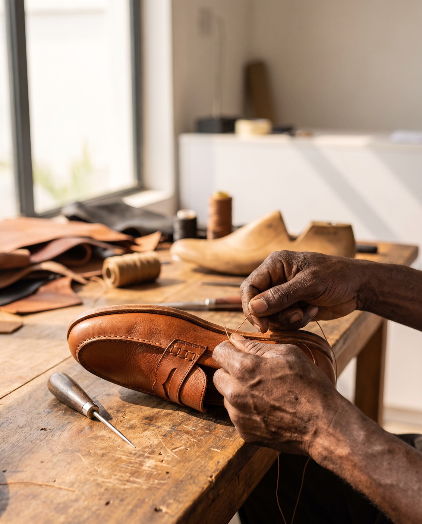 Hands stitching a leather shoe